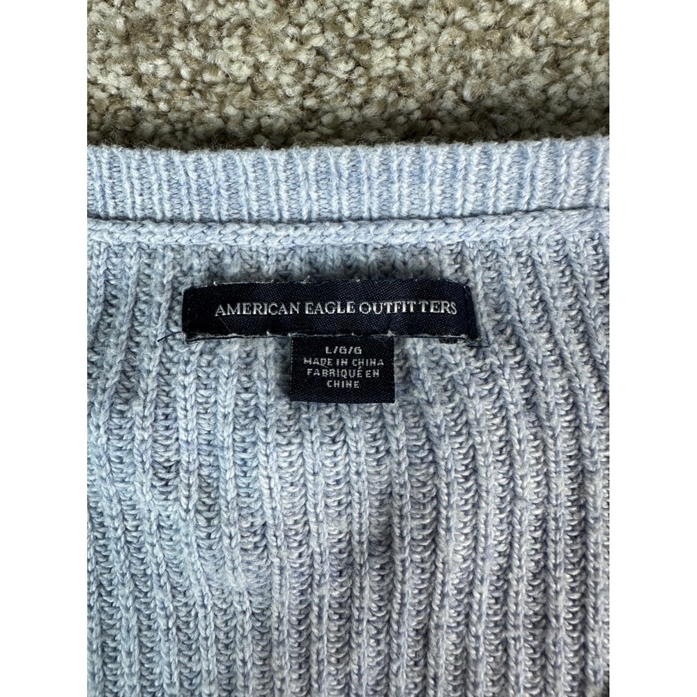 American Eagle Floral Embroidered V-Neck Sweater Blue Ribbed Knit Size Large - Picture 6 of 8
